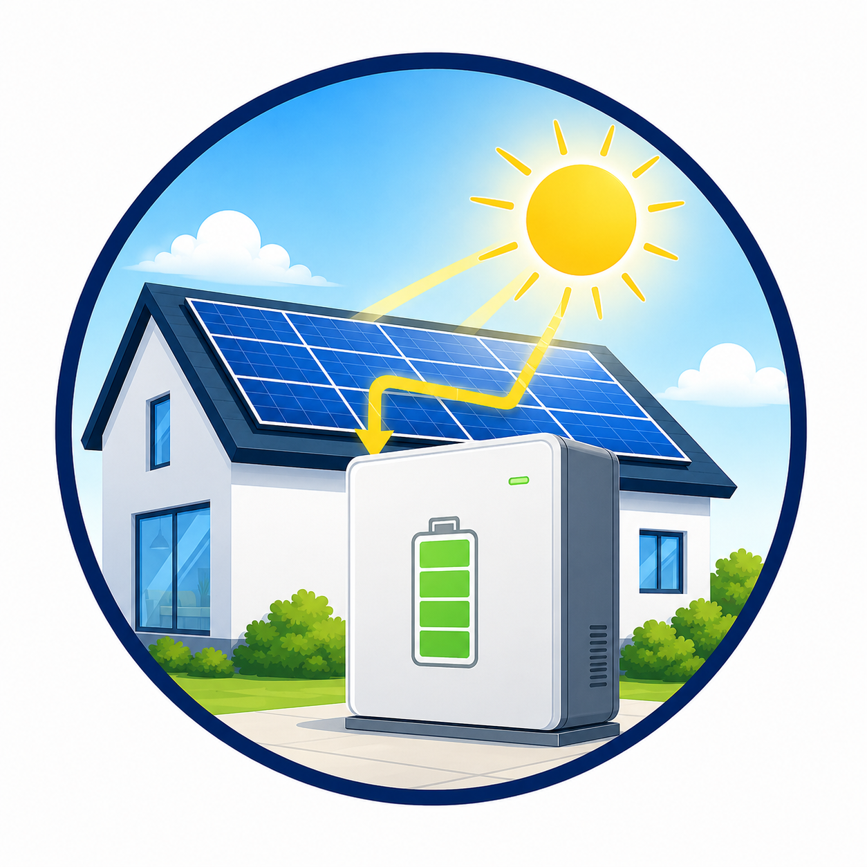太陽光でつくった電気を蓄電池にためるイメージ
