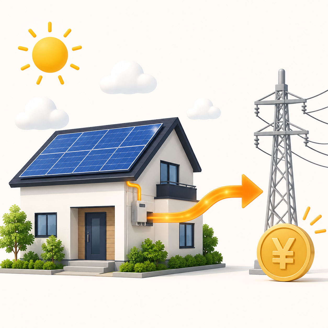 太陽光で発電した電気を電力会社へ売るイメージ