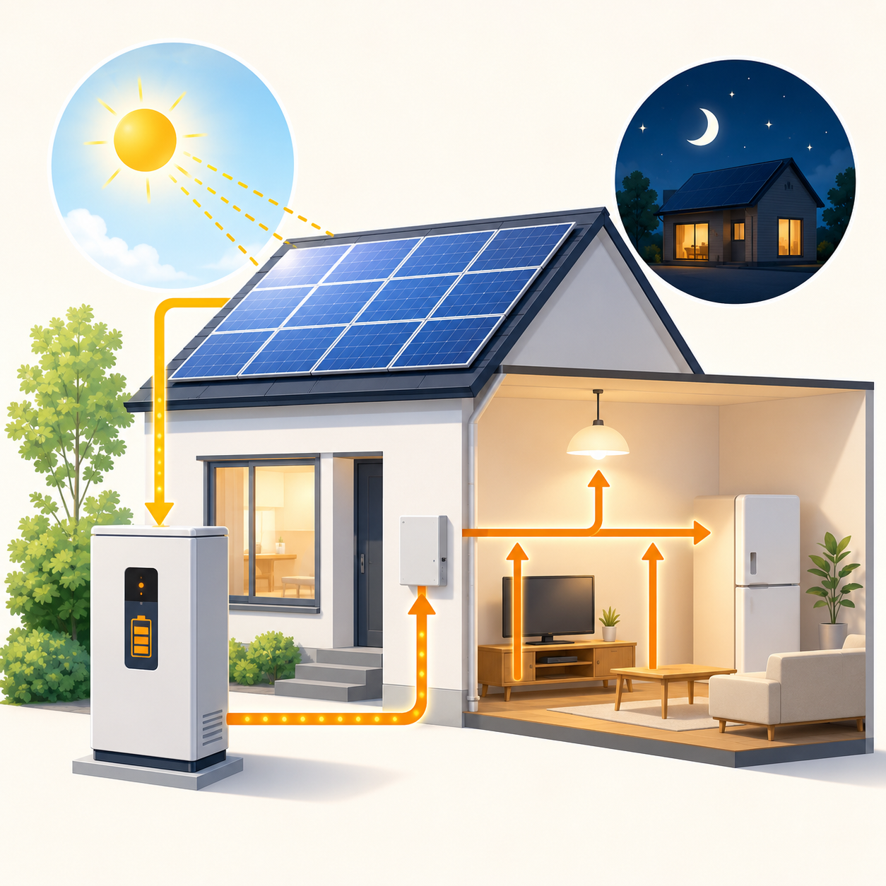 太陽光で発電した電気を蓄電池にためて家庭で使うイメージ